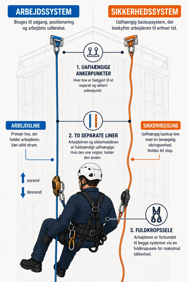 Rope access tekniker hænger i et reb, mens han er sikret via backup enhed og reb. Viser hvordan sikkerhedssystemet spiller sammen, med akerpunkter, reb og udstyr